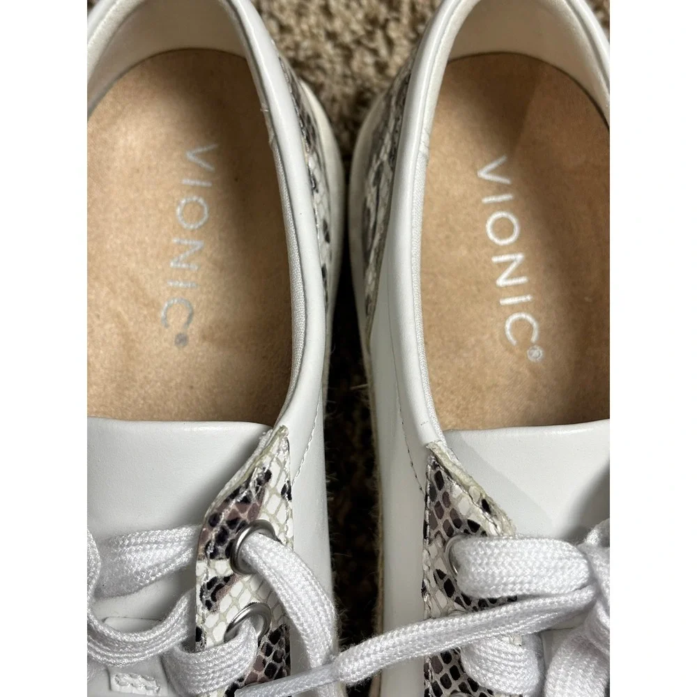 Vionic Winny Sneakers Womens 6.5 White Leopard Print Trim Casual Shoes Leather